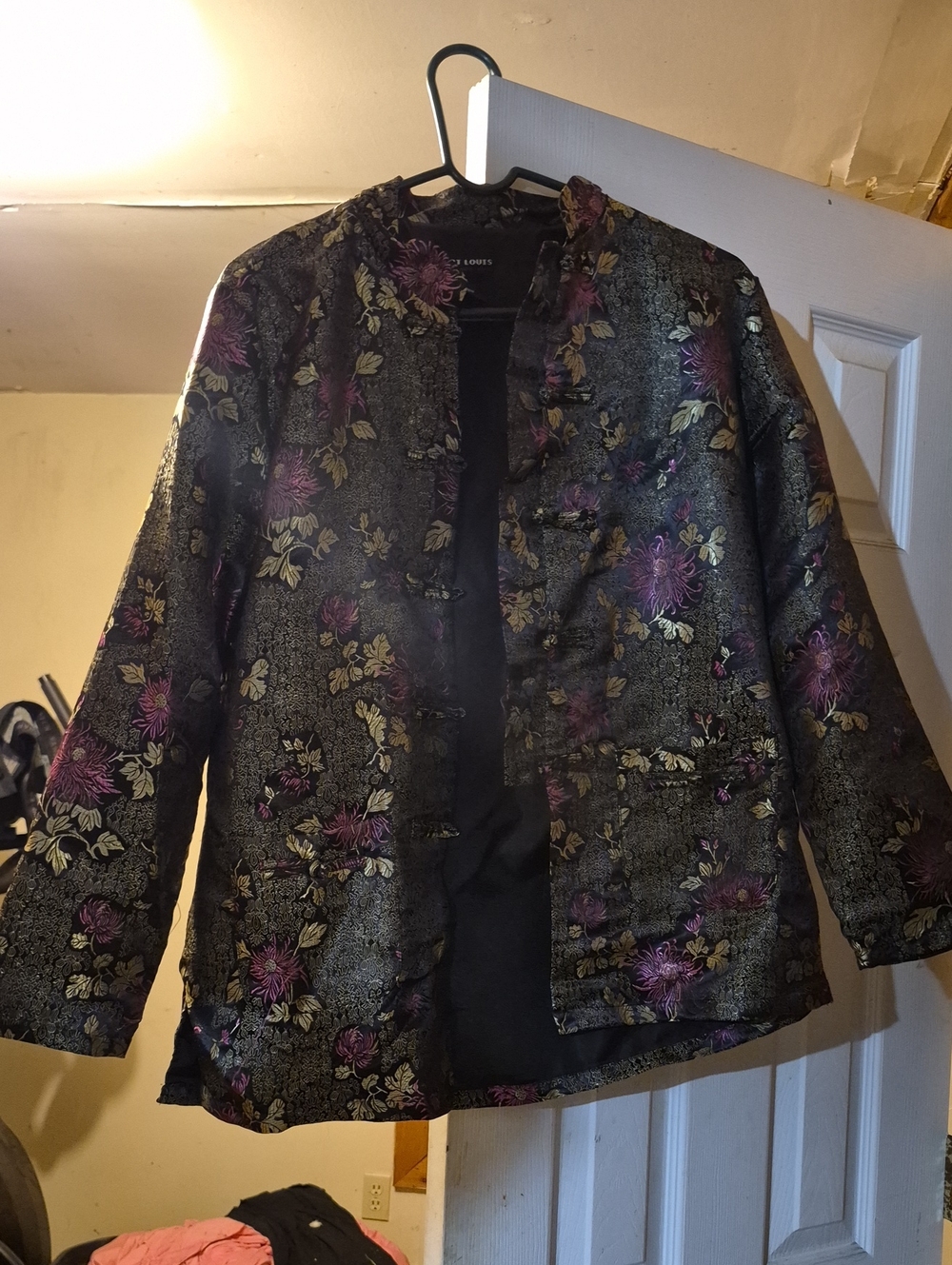 Robert Louis Black Brocade Floral Mandarin Jacket with Purple Accents